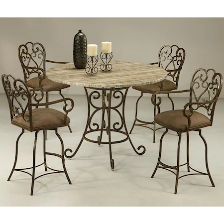 5 Piece Round Travertine Top Table & 26" Counter Stool with Arms Set